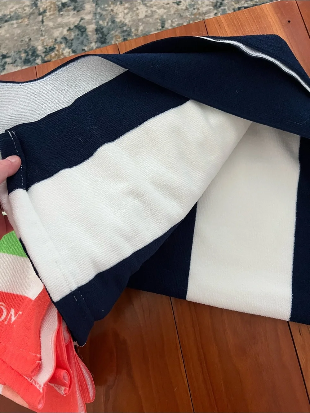 Striped Lancôme Beach Towels — Coral/Green and Navy/White—NWOT!